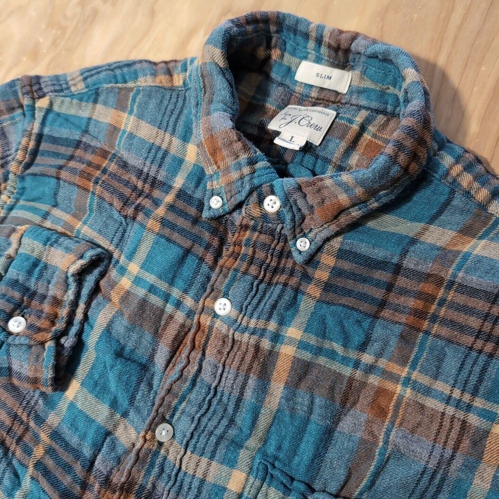 J CREW Shirt Mens‎ Large Slim Double Weave  Blue Plaid Thick Flannel